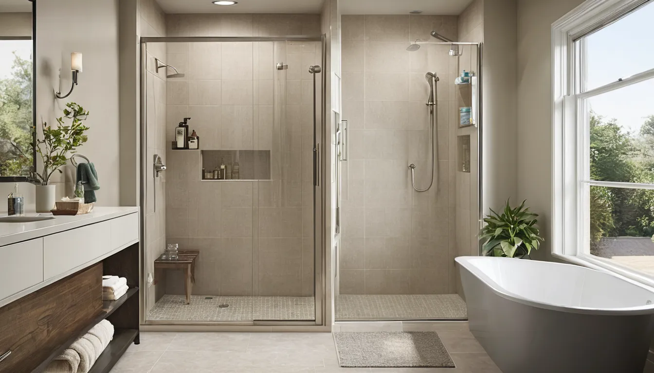 A bright, low-step walk-in shower with a bench and grab bar in a Franklin Lakes home